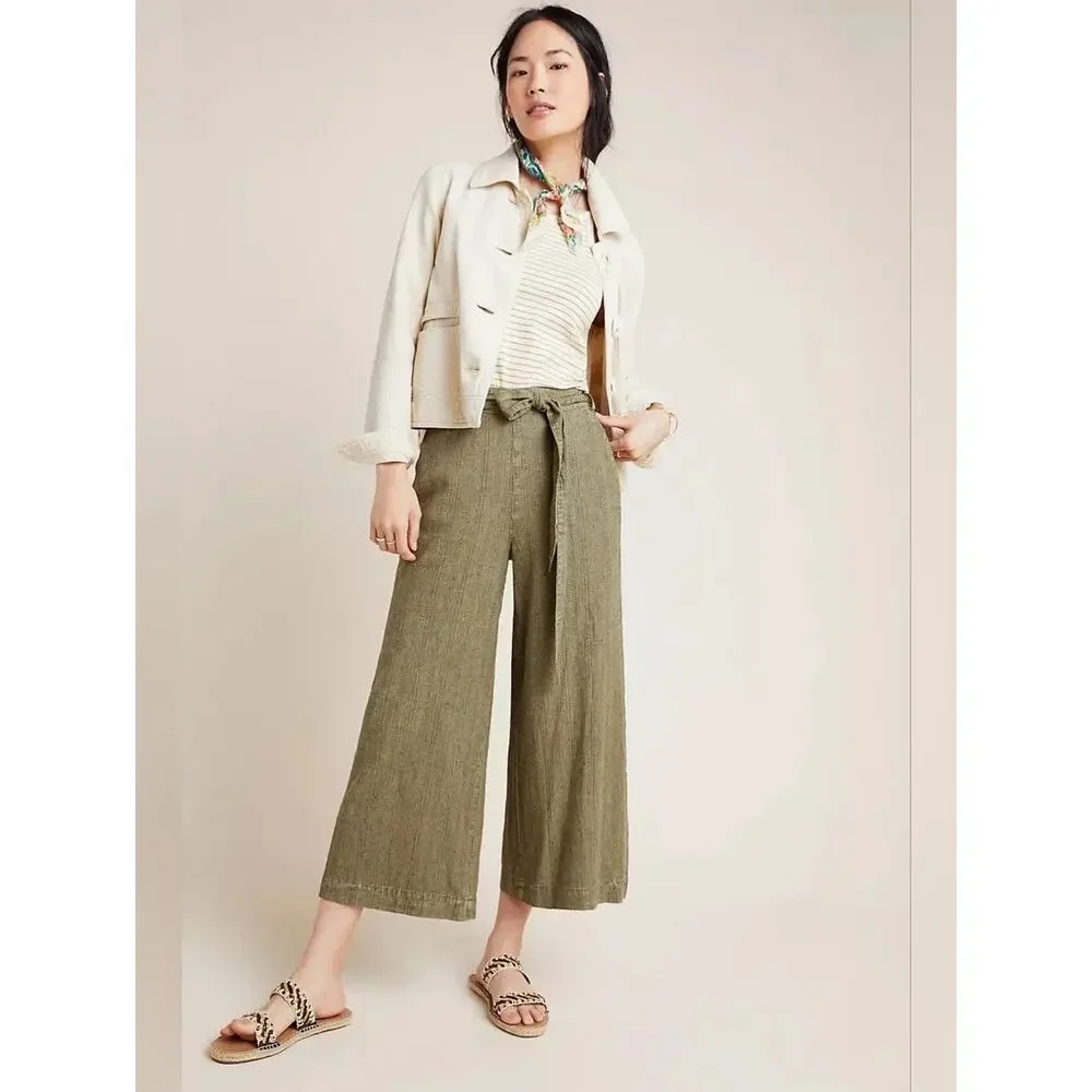 Anthropologie Olive Green Linen Blend Tie Waist Wide Leg Crop Pants Small ✨ 🫒🌿 - Picture 7 of 16